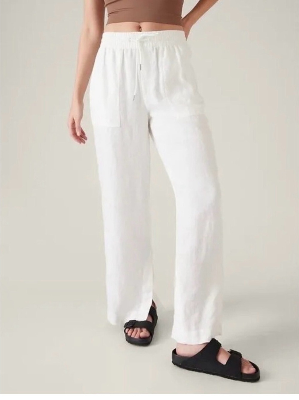 Athleta White Wide-Leg Drawstring Linen-Blend Pants